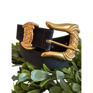 Vintage Les Creations Elite Navy Suede Belt With Ornate Gold Buckle Design